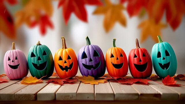 Colorful Halloween pumpkins with smiling faces arranged on wooden table surrounded by autumn leaves, showcasing vibrant colors and playful expressions, camera pans across the scene