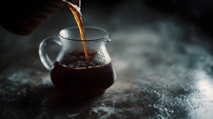 A rich stream of hot dark coffee is meticulously poured into a clear glass carafe releasing fragrant steam on a rustic surface