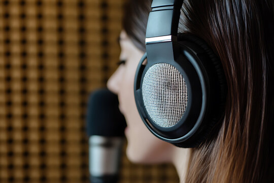 Voice artistry in action! Recording studio session with a focused female vocalist wearing headphones, capturing a performance on a microphone in a professional setting.