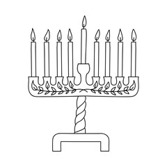 Hanukkah menorah, or hanukkiah. Symbol of the Jewish holiday Hanukkah. Vector illustration in doodle style. Isolated on a white background.