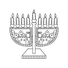 Hanukkah menorah, or hanukkiah. Symbol of the Jewish holiday Hanukkah. Doodle vector illustration. Isolated on a white background.