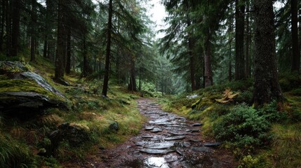 Obraz premium Wet Stone Path Winding Through a Dark, Lush Evergreen Forest with Mossy Rocks and Puddles
