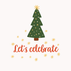 Festive green christmas tree adorned with lights and a star surrounded by falling confetti with the text let s celebrate
