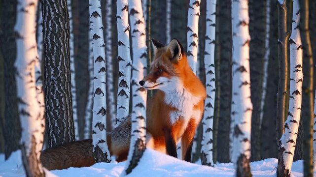 Wild red fox standing alert in a snowy birch forest at sunset or sunrise, surrounded by white tree trunks and soft orange light, capturing the beauty of nature, wildlife