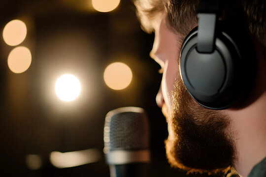 A focused man with a beard wearing headphones is speaking into a microphone in a softly lit studio. Recording audio, podcasting, or voiceover work. Passion in his craft!