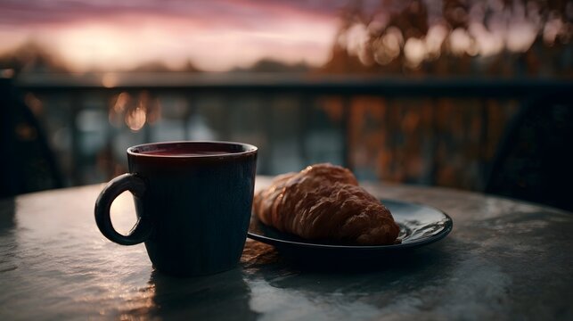 A steaming cup of coffee and a golden croissant on a plate set on a cafe table at sunrise