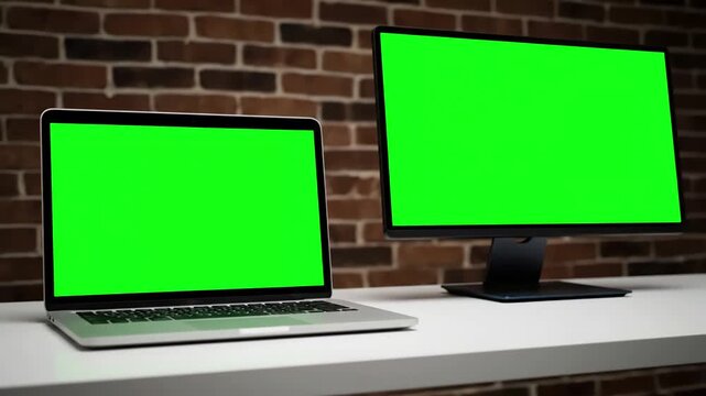 Green Screen close up display computer desktop with mock on white table slow motion laptop desk and brown brick wall background blank of mockup notebook pc chroma key monitor scene 1 distortion