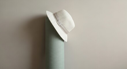 Minimalist Still Life: Elegant White Straw Hat Perched on Textured Green Yoga Mat Against Softly Lit Wall