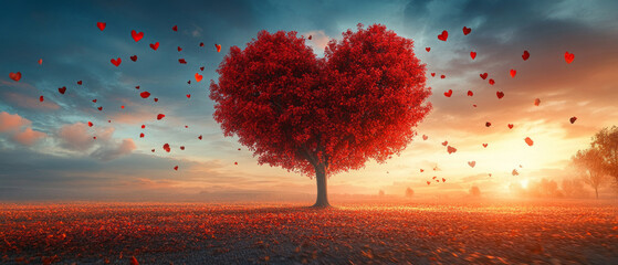 Heart-shaped tree at sunset with flying hearts, symbolises love and romance - suitable for cards, valentines, wedding invitation design and relationship websites.
