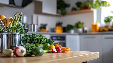 Fresh vegetables and herbs on kitchen counter for healthy cooking preparation