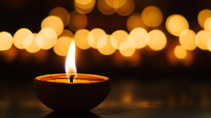 A warm glow emanates from a small earthen lamp, its flame dancing against a backdrop of soft, golden bokeh lights, casting a serene, festive ambiance. #Diwali #Lights