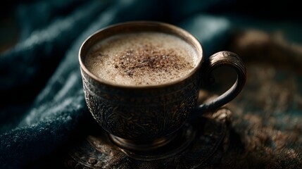 A richly textured ornate antique cup filled with a warm spiced beverage set against a dark moody background with cinematic lighting