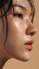 Close-Up Portrait of a beautiful young Asian woman with glowing, dewy skin