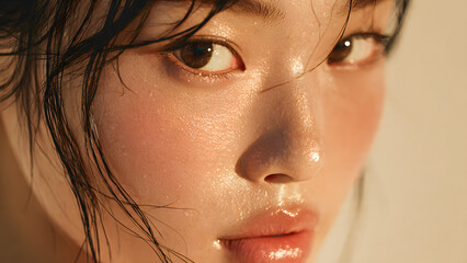 Close-Up Portrait of a beautiful young Asian woman with glowing, dewy skin