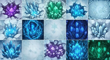 Crystal Cluster Collage: Fantasy Minerals, Runes, and Winter Motifs in Varied Hues