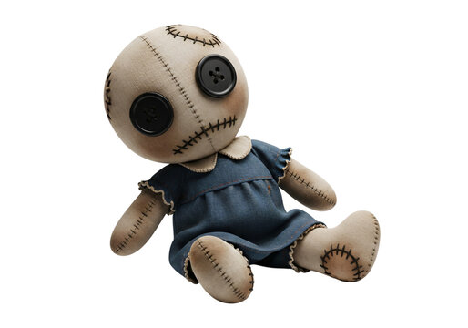 Creepy handmade voodoo doll with button eyes, isolated on transparent background