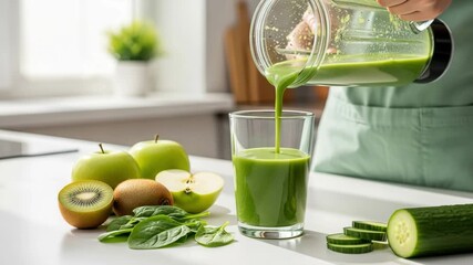 Green smoothie preparation with fresh fruits and vegetables - Powered by Adobe