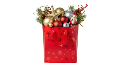 Red gift bag isolated on transparent background filled with christmas ornaments
