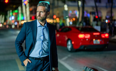 Successful businessman at night city. Businessman in suit. Hispanic businessman outdoor. Business success. Successful business man. Big city success. Boss business man finish late, advertisement