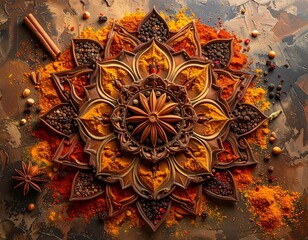 Artistic spice arrangement in a mandala shape with various warm spices