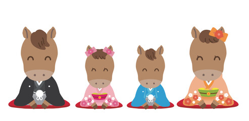 着物姿のかわいい干支シリーズ　午年/主線なし　和装で正座でご挨拶をする家族＿にっこり目（笑顔）
