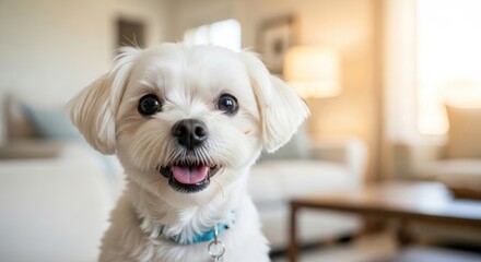 Bright-Eyed White Maltese Dog Smiling Happily in a Warm, Sunlit Living Room