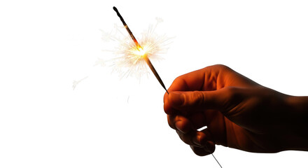 Hand holding a sparkler isolated on transparent background, creating light trails