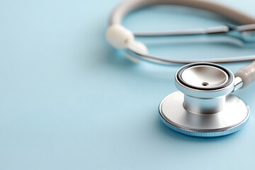 Close-up view of a medical stethoscope on a soft blue background. Instrument for healthcare, diagnosis. Symbolizes doctors, nurses, hospitals, & medical professionals.