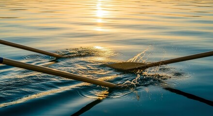Sunset rowing adventure with wooden oars creating ripples on calm water surface