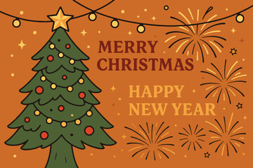 Festive christmas tree and fireworks illustration with merry christmas and happy new year greetings © Alamin