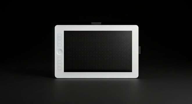 White rectangular graphic tablet with black dotted screen on black surface