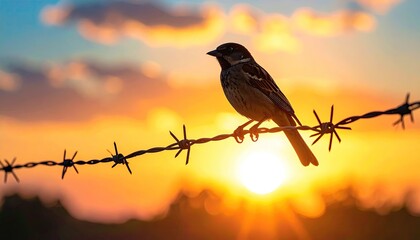 Silhouette of a sparrow perched on a barbed wire fence against a vibrant golden hour sunset with dramatic clouds and distant treeline in soft focus