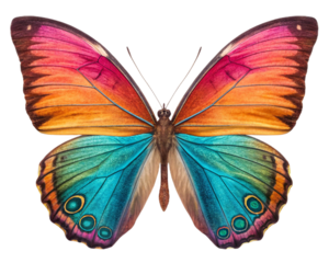 Vibrant symmetrical butterfly wings with rainbow colors and intricate patterns isolated on transparent background