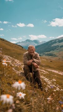 A senior man resting on a stick in a mountain meadow with flowers