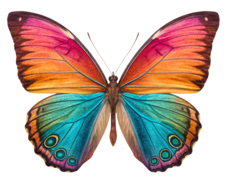 Vibrant symmetrical butterfly wings with rainbow colors and intricate patterns isolated on transparent background - Powered by Adobe