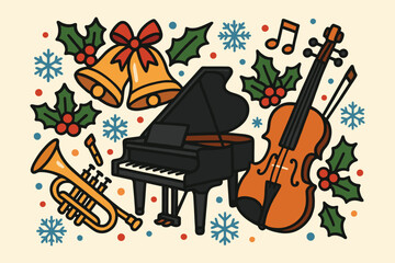 Festive christmas music celebration with piano violin trumpet bells and holly