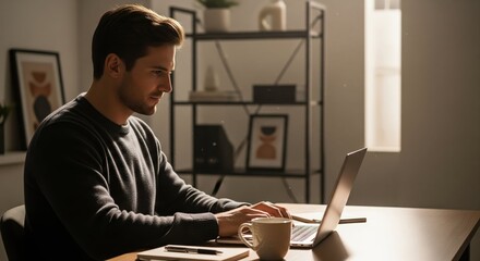 Young man concentrating on his laptop in a cozy home office environment, with warm lighting and a coffee mug, representing productivity and remote work.