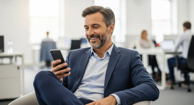 Smiling Businessman Using Smartphone in Modern Office. Confident businessman in a suit smiling while using his smartphone in a bright modern office, reflecting communication, success.