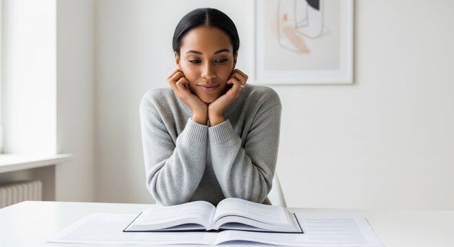 A focused and interested woman, wearing a grey sweater, sits at a clean, white desk with an open book, resting her chin in her hands in a bright, minimalist room.