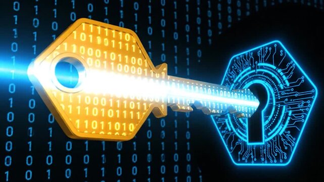 Golden key with binary code pattern unlocking a glowing blue hexagonal keyhole against a dark background with binary code