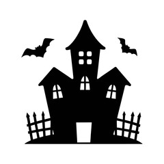 Silhouette haunted house vector illustration for halloween spooky night with bats and fence art