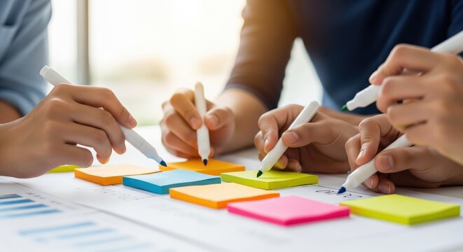 A close-up of several hands writing on colorful sticky notes with markers during a brainstorming or planning meeting, symbolizing teamwork and idea generation.