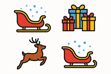 Christmas holiday icons featuring santa s sleigh reindeer and gift boxes with snowflakes