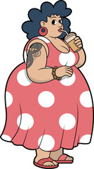 Plus-Size Woman with Blue Hair and Tattoo Drinking a Refreshing Iced Coffee, Wearing a Cute Polka Dot Dress and Sandals, Embracing Body Positivity, Vector Illustration.
