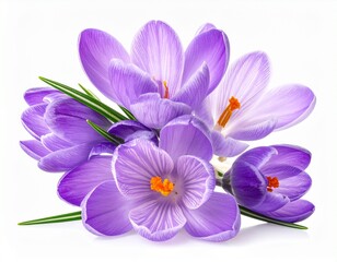 Obraz premium Spring flowers - a bouquet of beautiful purple crocus flowers with leaves isolated on