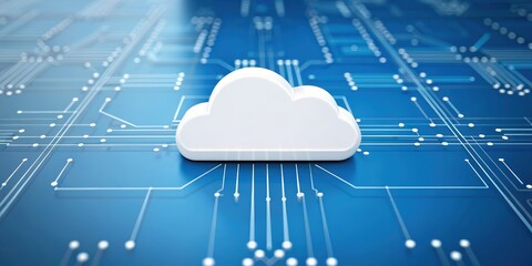 A digital cloud icon on a blue circuit board background, symbolizing cloud computing and technology integration.