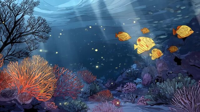 Underwater scene with animated fish and coral reefs illustration