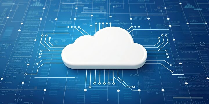 A stylized cloud icon on a blue background with circuit patterns, representing cloud computing and digital technology.