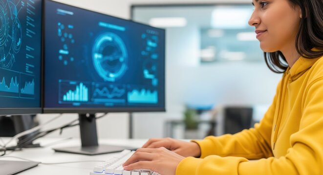 A young woman in a yellow hoodie works on a computer with two monitors displaying data visualizations and charts, symbolizing technology, analysis, and coding.