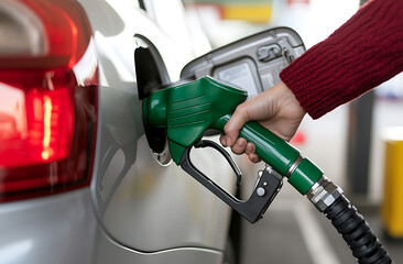 Refueling at the gas station with a green fuel pump nozzle in hand, preparing for a road trip. The car gleams in the sunlight, ready to hit the open road. #FuelUp